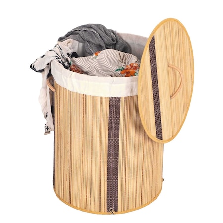 Vintiquewise Round Foldable Coconut Stick Laundry Hamper with Lid and Handles for Easy Carrying QI004430-N_RO